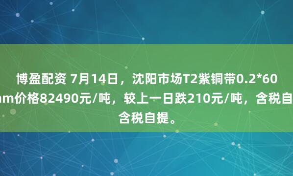 博盈配资 7月14日，沈阳市场T2紫铜带0.2*600mm价格82490元/吨，较上一日跌210元/吨，含税自提。
